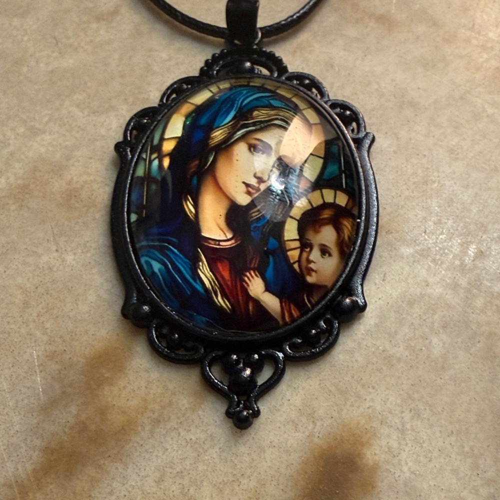 Religious Pendant with Stained Glass Design New 18 inch adjustable necklace.